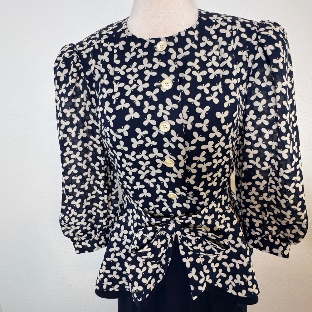 Richard Warren Women Silk Skirt Set Vintage Size 10 Floral Navy Dynasty Glam 80s - Picture 4 of 16
